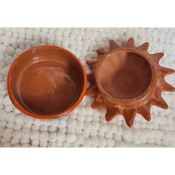 Mexican Red Clay Pottery SUN dish lid hand painted trinket box jewelry Folk Art - Picture 3 of 8